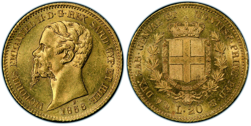 Vittorio Emanuele II, Re di Sardegna 1849-1861
20 Lire Genova, 1858 P, AU 6.45 g...
