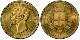 Vittorio Emanuele II, Re di Sardegna 1849-1861
20 Lire Genova, 1858 P, AU 6.45 g.
Ref : Cud. 1167p , MIR 1055, Pag.352, Fr. 1147 Conservation : PCGS M...