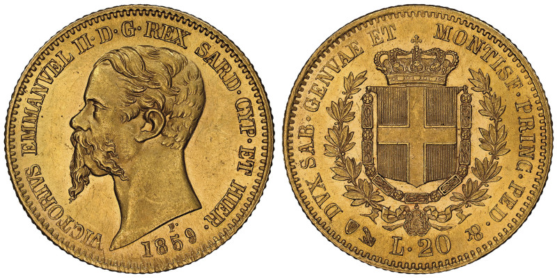 Vittorio Emanuele II, Re di Sardegna 1849-1861
20 Lire Genova, 1859, AU 6.45 g.
...