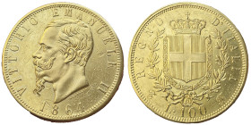 Vittorio Emanuele II 1861-1878 - Re d'Italia
100 Lire, Torino, 1864, AU 32.25 g.
Ref : Cud. 1188a (R3), MIR 1076a, Pag. 451, Fr. 8 Conservation : an...