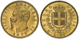 Vittorio Emanuele II 1861-1878 - Re d'Italia
20 Lire, Roma, 1871 R , AU 6.45 g.
Ref : Cud. 1190L (R2), MIR 1078, Pag. 466, Fr. 11
Conservation : NGC M...