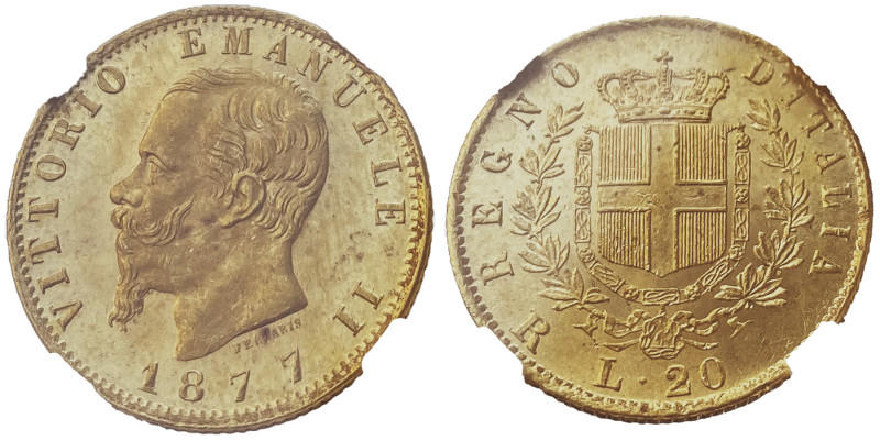 Vittorio Emanuele II 1861-1878 - Re d'Italia
20 Lire, Roma, 1877 R , AU 6.45 g.
...