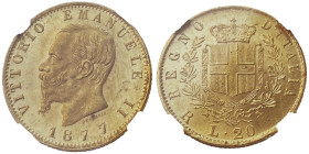 Vittorio Emanuele II 1861-1878 - Re d'Italia
20 Lire, Roma, 1877 R , AU 6.45 g.
Ref : Cud. 1190t, MIR 1078t, Pag. 474, Fr. 11 Conservation : NGC MS 64...