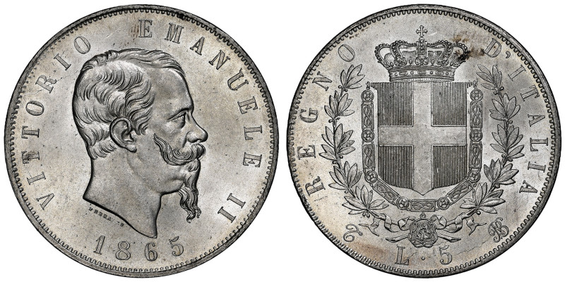 Vittorio Emanuele II 1861-1878 - Re d'Italia
5 Lire, Torino, 1865 T, AG 25 g.
Re...