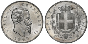 Vittorio Emanuele II 1861-1878 - Re d'Italia
5 Lire, Torino, 1865 T, AG 25 g.
Ref : Cud. 1195f (R), MIR 1082, Pag. 487 Conservation : NGC MS 64. Rare