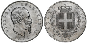 Vittorio Emanuele II 1861-1878 - Re d'Italia
5 Lire, Roma 1876 R, AG 25 g.
Ref : Cud. 1195w (R), MIR 1082, Pag. 501
Conservation : NGC MS 64. FDC