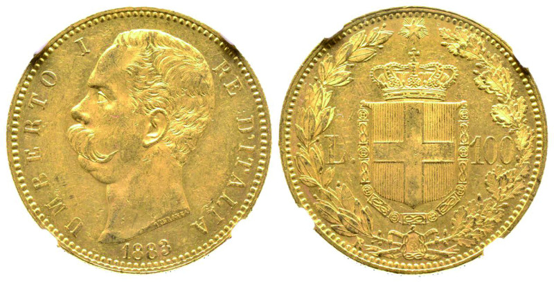 Umberto I 1878-1900
100 lire, Roma, 1883 R, AU 32.25 g.
Ref : Cud. 1209c (R),MIR...
