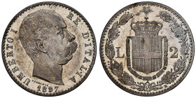 Umberto I 1878-1900
2 Lire, 1897 R, Roma, AG 10 g. Ref : Cud. 1215b , MIR 1102, Pag. 598 Conservation : NGC MS 62 PROOFLIKE