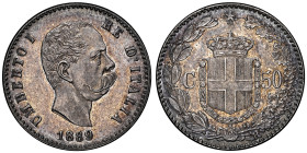 Umberto I 1878-1900
50 Centesimi, Roma, 1889 R, AG 2.5 g. Ref : Cud. 1217a (R) , MIR 1104, Pag. 608 Conservation : NGC MS 65