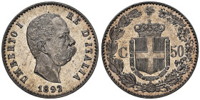 Umberto I 1878-1900
50 Centesimi, Roma, 1892 R, AG 2.5 g. Ref : Cud. 1217b (R2) , MIR 1104, Pag. 609 Conservation : NGC MS 64+ PROOFLIKE.