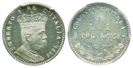 Colonia Eritrea
1 Lira 1896 R, AG 5 g.
Ref : Cud. 1225c (R2) MIR 1112, Pag. 636 Conservation : PCGS PROOF 64 CAMEO