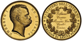 Colonia Eritrea
Médaille en or, ND, AU 35.60 g. 36 mm Opus Moscetti
Avers : UMBERTO I RE D'ITALIA
Revers : MINISTERO DELL'INTERNO DIREZIONE DI SANITA ...