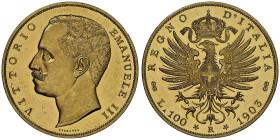 Vittorio Emanuele III 1900-1946
100 Lire, Roma, 1903 R, AU 32.25 g.
Ref : Cud. 1227a (R2) ,MIR 1114a, Pag. 638, Fr. 22 Conservation : NGC MS 63+ DEEP ...