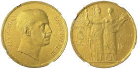 Vittorio Emanuele III 1900-1946
100 Lire PROVA, Stabilimento Johnson, Milano, 1903 R, Bronzo dorato (Gilt)
Ref : Pag. 139. KM Pn6
Conservation : NGC P...