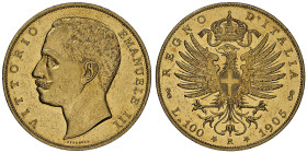 Vittorio Emanuele III 1900-1946
100 lire, Roma, 1905 R, AU 32.25 g.
Ref : Cud. 1227b (R2), MIR 1114c, Pag. 639, Fr. 22 Conservation : NGC MS 61 PROOFL...