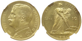 Vittorio Emanuele III 1900-1946
10 Lire, Roma, 1912 R, AU 3.22 g.
Ref : Cud. 1245b (R3) ,MIR 1131b , Pag. 688, Fr. 29 Conservation : NGC MS 64