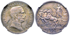 Vittorio Emanuele III 1900-1946
5 Lire Quadriga, Roma, 1914 R, AG 25 g. Ref : Cud. 1250a (R2), MIR 1136a, Pag. 708 Conservation : NGC MS 63
