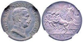Vittorio Emanuele III 1900-1946
5 Lire, Roma, 1914 R PROVA DI STAMPA, AG 25.06 g. Ref : Pag. Prove 221
Conservation : NGC MS 62