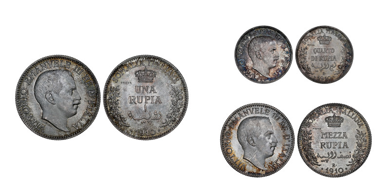 Somalia Italiana
Trittico PROVA Roma 1910 R : Rupia, 1⁄2 Rupia, 1/4 Rupia. AG
Re...