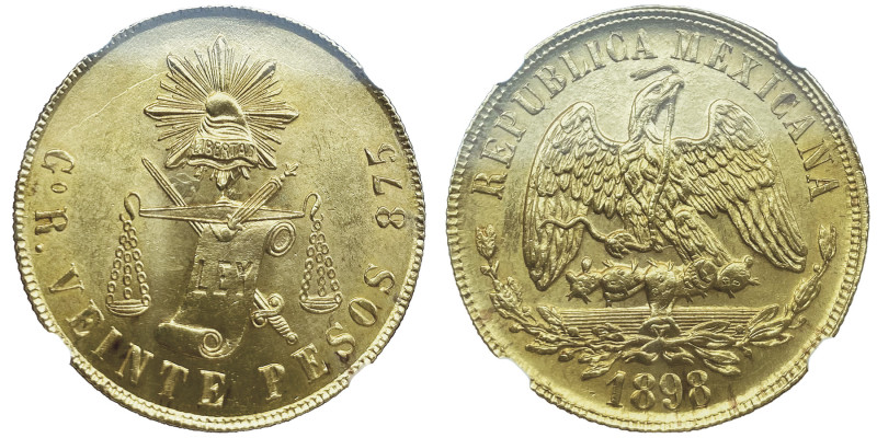 République
20 Pesos, 1898 Go R, Guanajuato, AU 33.84 g. Ref : Fr. 124, KM#414.4
...