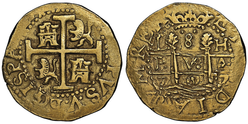 PEROU
Felipe V 1700-1746 
8 escudos, Lima, 1707 H, AU 26.94 g.
Ref : S-L25a, KM#...