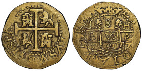 PEROU
Felipe V 1700-1746 
8 escudos, Lima, 1707 H, AU 26.94 g.
Ref : S-L25a, KM#38.1, CT-17
Conservation : NGC AU 55