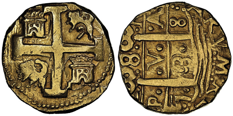 Felipe V 1700-1746 
8 escudos, Lima, 1738, Ensayador N, AU 27.09 g.
Ref : Cal. 2...