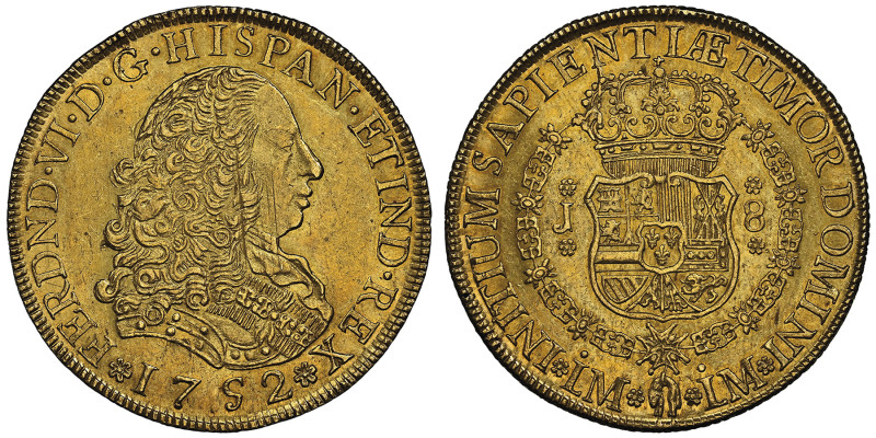 Ferdinand VI 1746-1759
8 Escudos, Lima, 1752 LM-J, AU
Ref : KM#50, Onza-578, Fr....