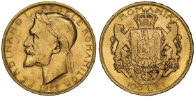 Ferdinand I 1914-1927
100 lei, Londres, 1922, "couronnement du roi et de la reine", AU 32.25 g.
Ref : Fr. 9, KM#XM4
Conservation : NGC MS 61