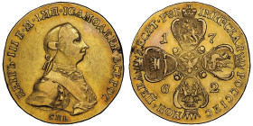 Peter III 1762 
10 Roubles, Saint-Pétersbourg, 1762 СПБ,
AU 16.59 g.
Avers : Buste cuirassé de Pierre III à droite Revers : Bouclier cruciforme couron...