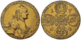 Catherine II 1762-1796 
10 Roubles, St. Petersburg, 1764 СПБ, AU 12.34 g. Ref : Fr. 129a, Bit. 9 (R)
Conservation : presque Superbe. Rare