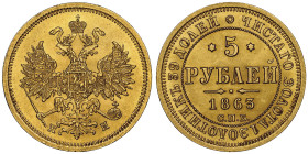 Alexander II 1854-1881
5 roubles , Saint-Pétersbourg, 1863 СПБ МИ, AU 6.54 g.
Avers : Aigle bicéphale éployée et couronnée.
Revers : Légende en cyrill...