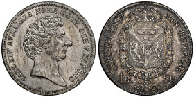 SUEDE
Carl XIV Johann, (Bernadotte) 1818-1844
Riksdaler, Stockholm, 1835 CB, AG 
Ref : Dav. 352, KM#632
Conservation : NGC MS 62+. Superbe exemplaire