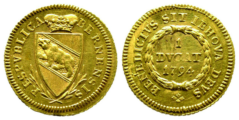 République Bernensis 
1 Ducat, Bern, 1794, AU 3.44 g. Ref : Fr. 180, HMZ 2-215h ...