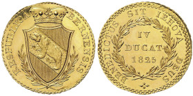 République Bernensis 
IV DUCAT, 4 Dukaten, Bern, 1825, AU 13.84 g. Avers : RESPUBLICA – BERNENSIS.
Bekrönter Berner
Revers : IV / DUCAT · / 1825.
Ref ...