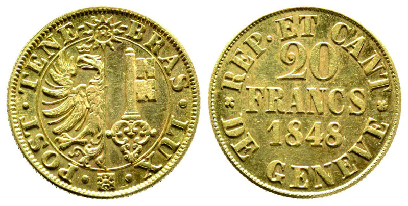 République et Canton de Genève
20 francs, Geneve, 1848, AU 7.6g.
Ref : Fr.263, K...