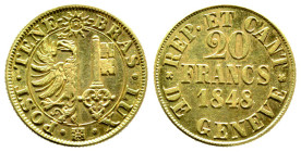 République et Canton de Genève
20 francs, Geneve, 1848, AU 7.6g.
Ref : Fr.263, KM#140, HMz-2-361
Conservation : Pratiquement fleur de coin