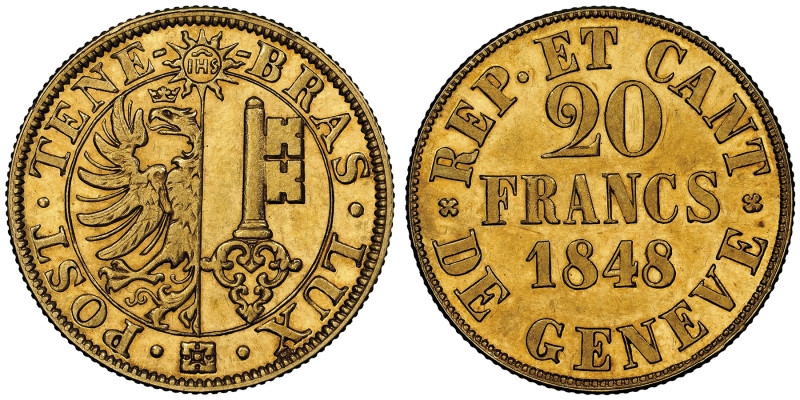 République et Canton de Genève
20 francs, Geneve, 1848, AU 7.6 g.
Ref : Fr.263, ...