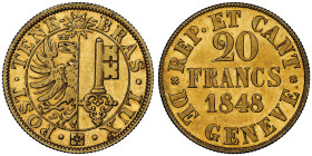 République et Canton de Genève
20 francs, Geneve, 1848, AU 7.6 g.
Ref : Fr.263, KM#140, HMz-2-361
Conservation : NGC MS 61