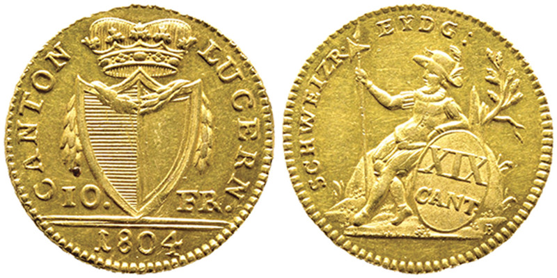 Canton Lucern
10 Franken, Lucerne, 1804, AU 4.76 g.
Ref : Fr. 1804, HMZ 2-667a
C...