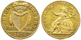 Canton Lucern
10 Franken, Lucerne, 1804, AU 4.76 g.
Ref : Fr. 1804, HMZ 2-667a
Conservation : Superbe et Rare. Seulement 2801 exemplaires.