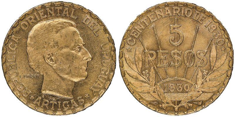 URUGUAY
5 Pesos, 1930, AU 8.53 g. Ref : KM#E14
Conservation : NGC MS 64