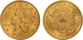 20 Dollars , Philadelphia, 1851, AU 33.43 g.
Ref : Fr. 169, KM#74.1
Conservation : PCGS MS 64. (Population : seulement 5 monnaies en MS 64, & 1 en 65)