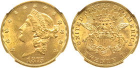 20 Dollars, Carson City, 1875 CC, AU 33.43 g. Ref : Fr.176, KM#74.2
Conservation : NGC MS 62