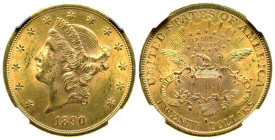 20 Dollars, San Francisco, 1890 S, AU 33.43 g. Ref : Fr. 172, KM#74.1
Conservation : NGC MS 62