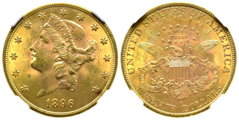20 Dollars, San Francisco, 1896 S, AU 33.43 g. Ref : Fr.178, KM#74.3
Conservatio...