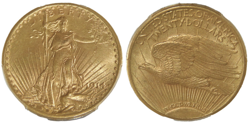 20 Dollars, Denver, 1914 D, MOTTO, AU 33.43 g.
Ref : Fr.187, KM#131
Conservation...