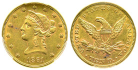 10 Dollars, Philadephia, 1861, AU 16.71 g.
Ref : Fr. 155, KM#66
Conservation : PCGS AU 53