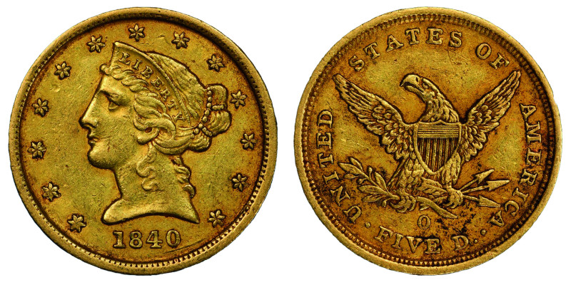 5 Dollars, New Orleans, 1840 O, AU 8.35 g.
Ref : Fr. 141, KM#69
Conservation : P...