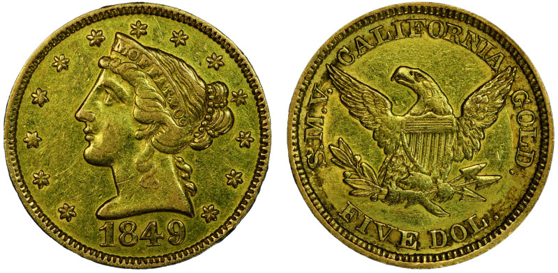 5 Dollars, San Francisco, 1849, Moffat & Co., AU 8.35 g.
Ref : Fr. 138, KM#69
Co...
